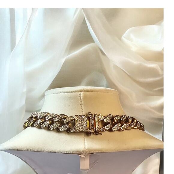 Cuban Link Rhinestone Statement Necklace Gold Tone Chunky Chain Vintage Y2K Glam - Picture 4 of 4